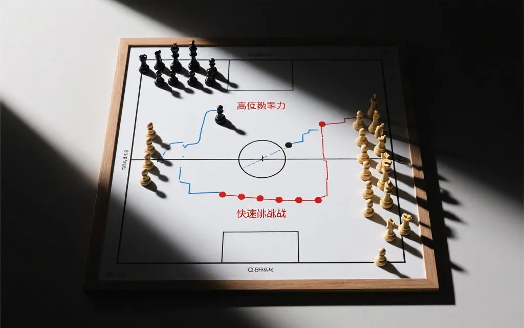 战术棋盘上展示高位压迫与反击线路的示意图，强调对位与空间